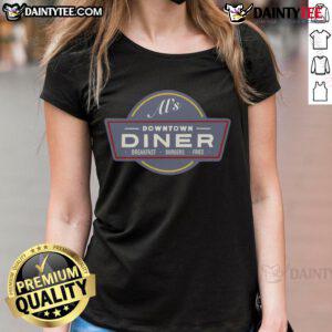 Funny AIs enjoying breakfast burgers and fries at a downtown diner, featuring a colorful ladies' tee design.