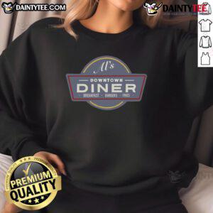 Funny AI sweatshirt featuring a downtown diner scene with breakfast burgers and fries, perfect for food lovers.