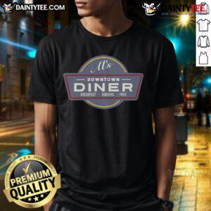 Funny Ai's Downtown Diner breakfast burgers and fries T-shirt design featuring a playful graphic and vibrant colors.