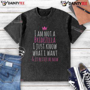 Funny Bridezilla bride wearing a humorous washed t-shirt about wedding planning, showcasing lighthearted wedding humor.