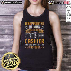 Funny cashier tank top featuring 'God Created This Cashier' design, perfect for humor lovers and retail workers.