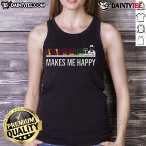 Funny cashier at grocery store checkout wearing a humorous tank top, spreading joy and appreciation to customers.