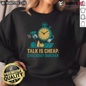 Alt Text: Funny grocery store worker sweatshirt featuring a witty cashier quote for quicker checkout humor.