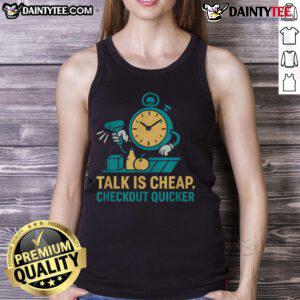 Funny cashier in a tank top promoting quick checkout at a grocery store, showcasing humor in retail work.