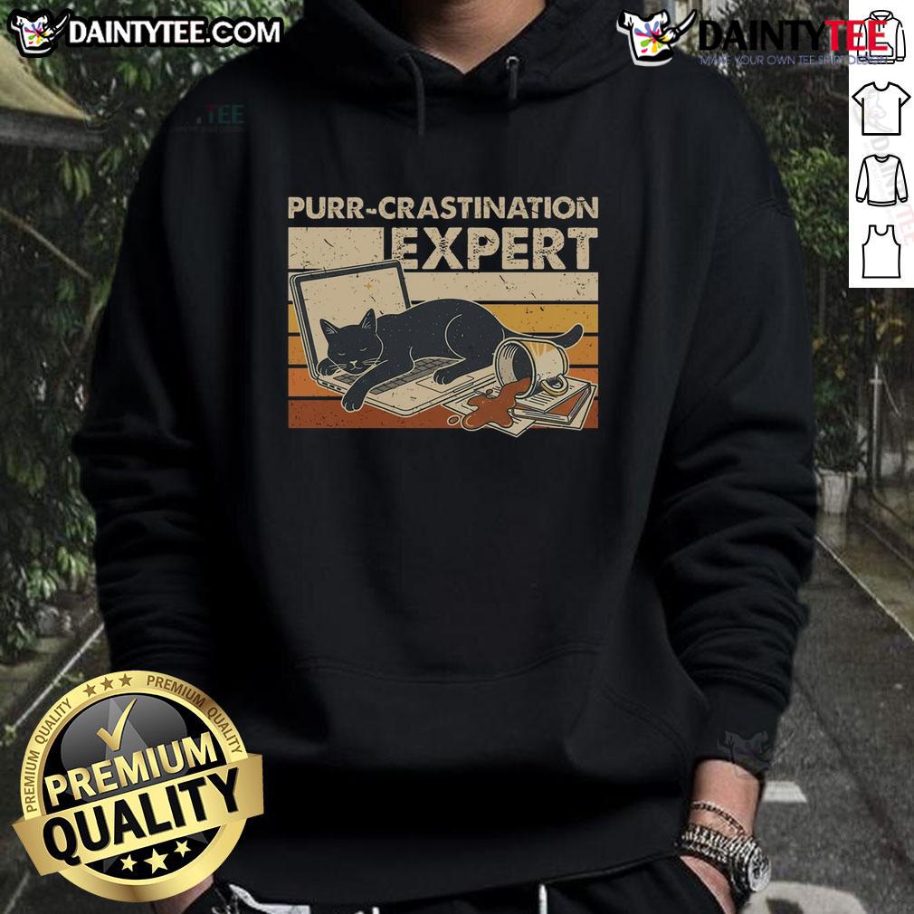 Funny cat in a vintage hoodie, embodying the expert procrastination vibe for pet lovers and humor enthusiasts.
