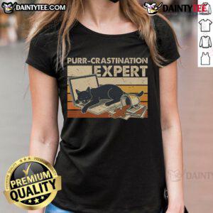 Funny cat graphic on a vintage ladies tee, showcasing the purr-fect procrastination expert theme.