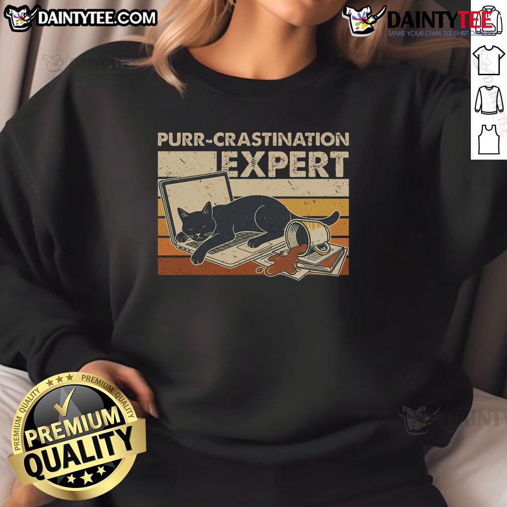 Alt Text: Vintage sweatshirt featuring a funny cat graphic with the phrase Purr-crastination Expert for cat lovers.