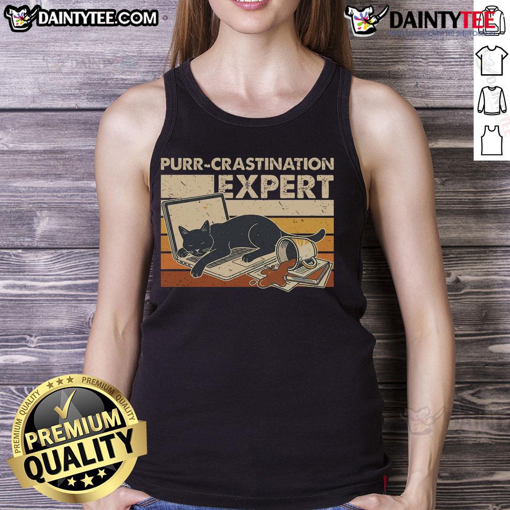 Funny cat in a vintage tank top, showcasing expert procrastination skills with a hilarious expression.