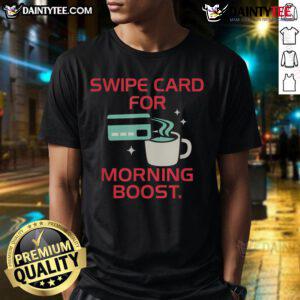 Funny coffee swipe card design on a T-shirt for caffeine lovers, perfect for a morning boost and humor.