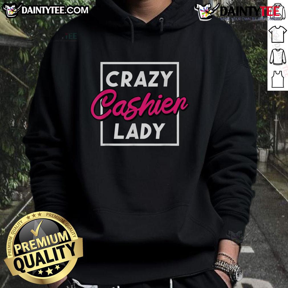 Funny crazy cashier lady in a grocery store wearing a hoodie, showcasing her vibrant personality and retail worker spirit.