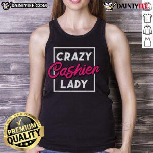 Funny crazy cashier lady in a grocery store wearing a tank top, showcasing her quirky personality and retail worker spirit.