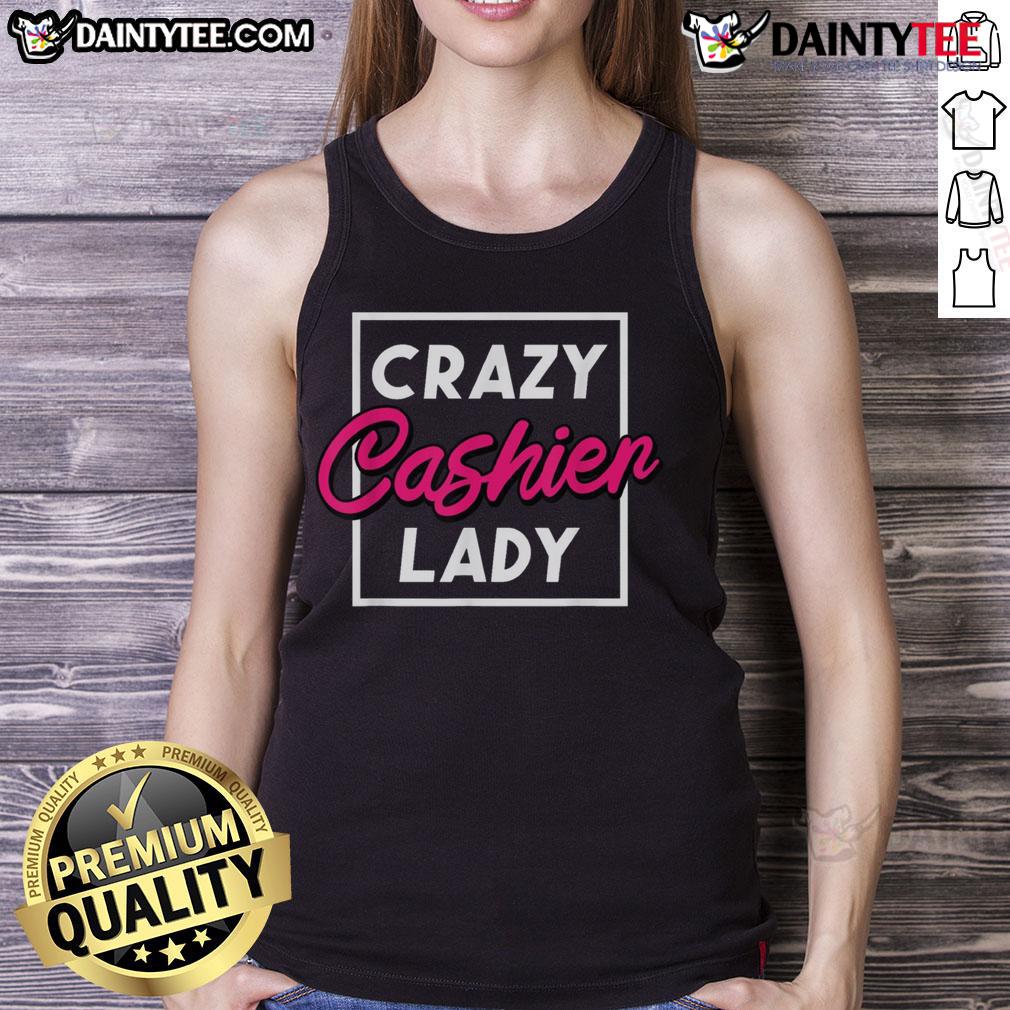 Funny crazy cashier lady in a grocery store wearing a tank top, showcasing her quirky personality and retail worker spirit.