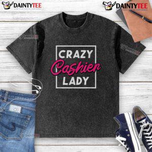 Alt Text: Funny crazy cashier lady at grocery store wearing a washed t-shirt, showcasing a playful retail worker vibe.