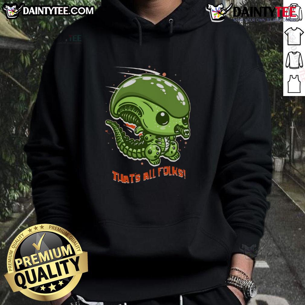 Funny cute alien parody hoodie featuring 'That's All Folks' text and playful graphics for quirky fashion lovers.