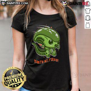 Funny cute alien parody tee featuring 'That's All Folks!' design for ladies, perfect for quirky casual wear.