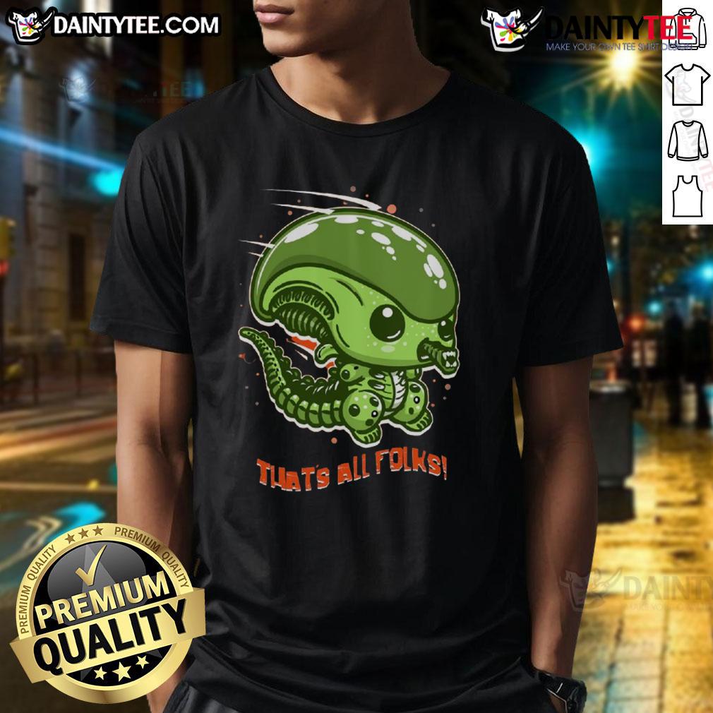Alt Text: Funny cute alien parody T-shirt featuring 'That's All Folks' slogan, perfect for quirky fashion lovers.
