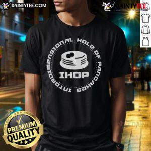 Funny Interdimensional Hole Of Pancakes T-Shirt featuring a whimsical design of pancakes falling through a colorful portal.