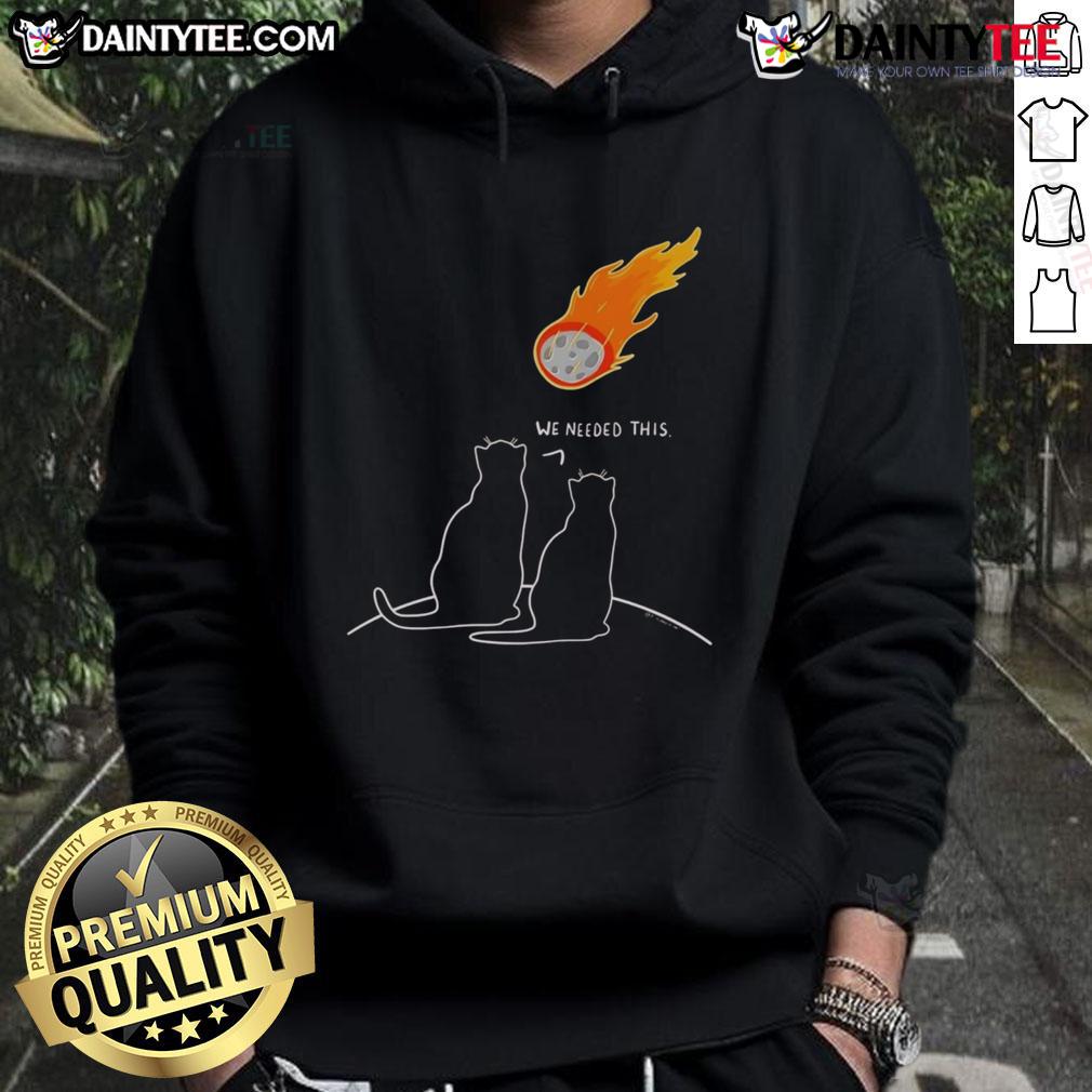 Two cats in a humorous apocalypse-themed hoodie reading 'We Needed This Meteor' perfect for cat lovers and funny apparel.