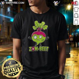 Funny Zom-Beet Halloween Vegan T-Shirt featuring a playful zombie beet design for festive vegan enthusiasts.