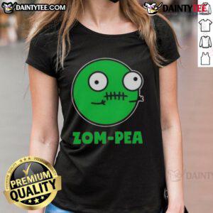 Funny Zom Pea Halloween Vegan Ladies Tee featuring a quirky zombie design, perfect for festive vegan celebrations.