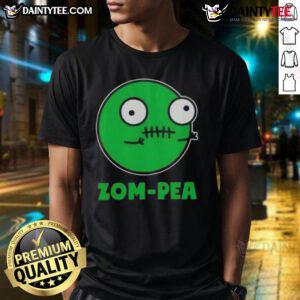 Funny Zom-Pea Halloween Vegan T-Shirt featuring a playful zombie and pea graphic, perfect for festive vegan attire.