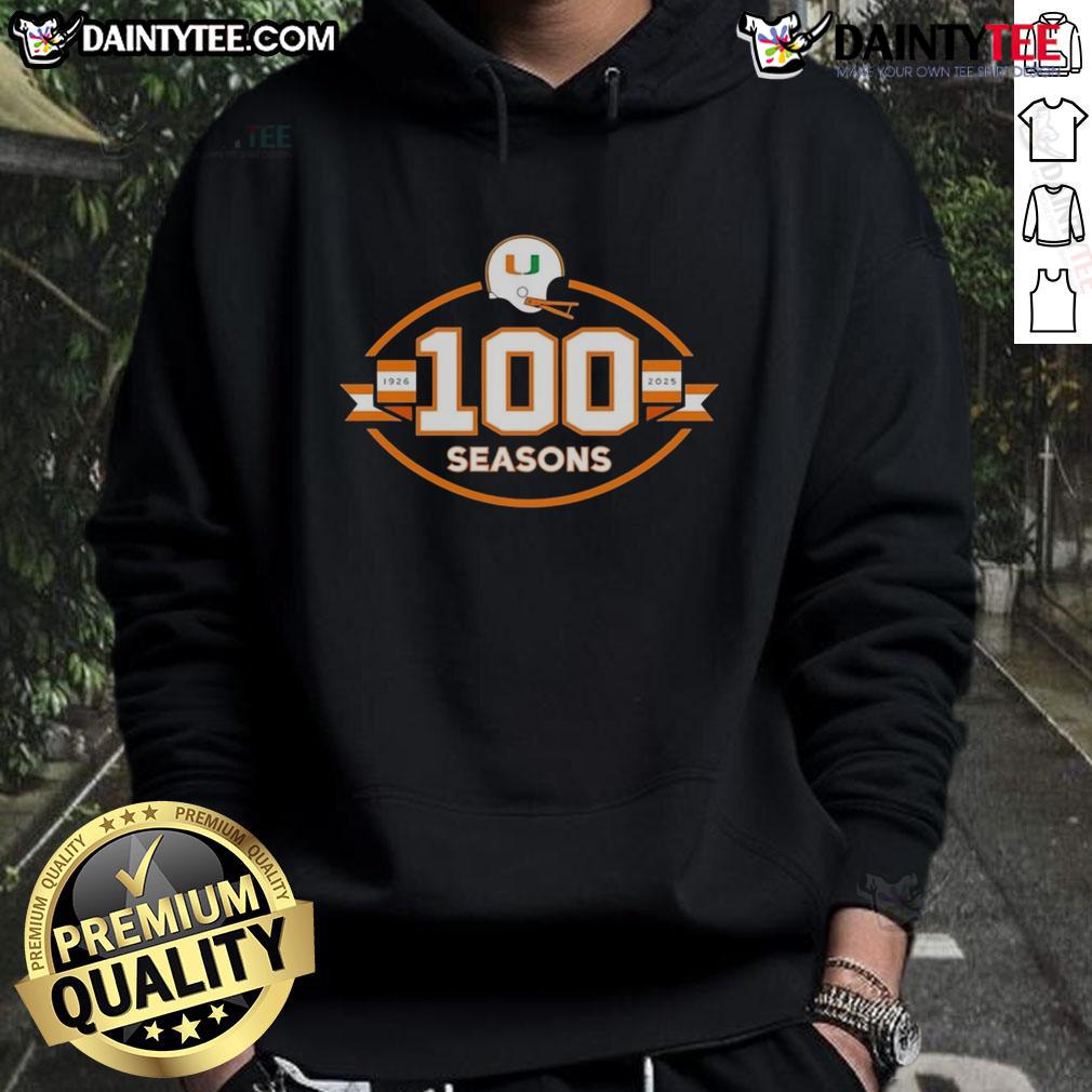 Alt Text: Happy Miami Hurricanes Football 100 Seasons 1926-2025 hoodie featuring vibrant team colors and logo design.