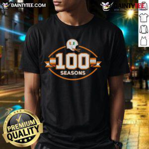 Happy Miami Hurricanes Football 100 Seasons 1926-2025 T-Shirt featuring vibrant team colors and celebratory design.