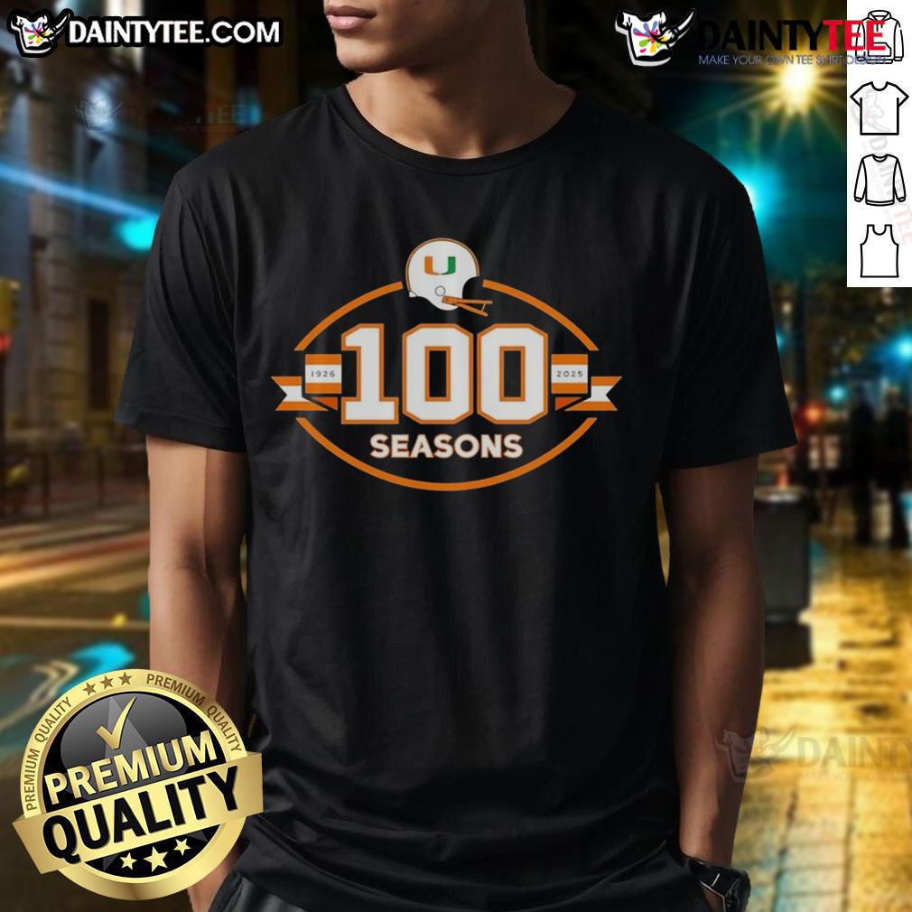 Happy Miami Hurricanes Football 100 Seasons 1926-2025 T-Shirt featuring vibrant team colors and celebratory design.