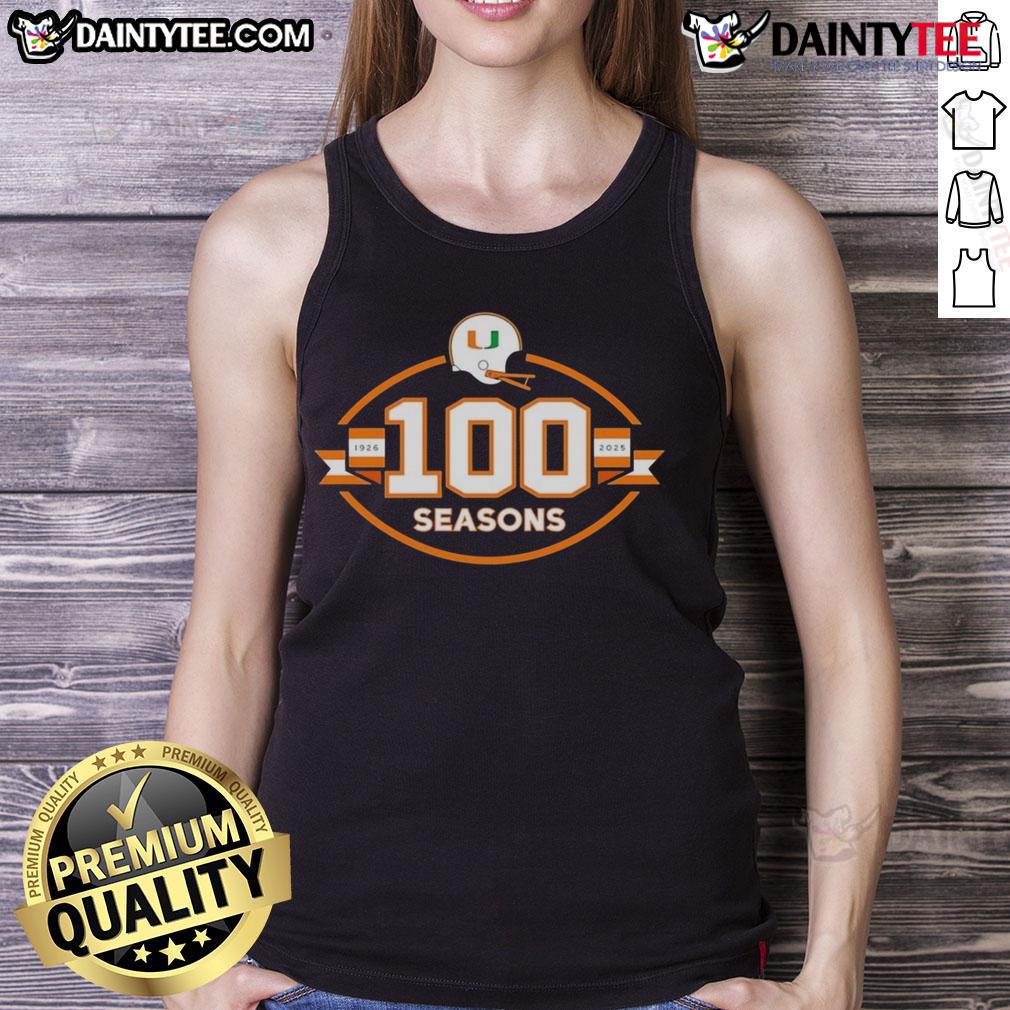 Happy Miami Hurricanes Football 100 Seasons 1926-2025 tank top featuring vibrant team colors and logo design.