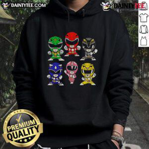 Chibi-style hoodie featuring Happy Mighty Morphin Power Rangers characters in vibrant colors and playful design.
