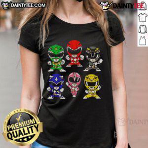 Chibi-style design of Mighty Morphin Power Rangers ladies on a vibrant tee, perfect for fans and collectors.