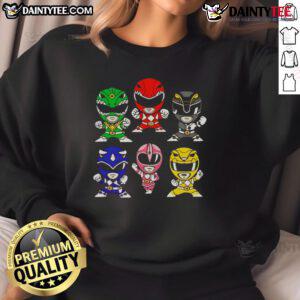Chibi-style Happy Mighty Morphin Power Rangers sweatshirt featuring colorful characters in a fun design. Perfect for fans!