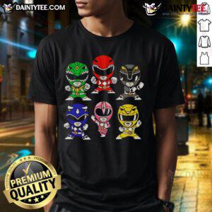 Chibi-style T-shirt featuring happy Mighty Morphin Power Rangers in vibrant colors, perfect for fans and collectors.