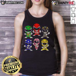 Alt Text: Chibi-style Happy Mighty Morphin Power Rangers tank top featuring vibrant colors and iconic characters in playful design.