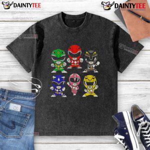 Chibi-style Mighty Morphin Power Rangers graphic on a washed t-shirt, perfect for fans of the classic series.