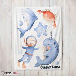 Top Sea's Treasures Narwhal Dolphin Crab Starfish Scuba Divers Blanket Fleece Customized Blanket