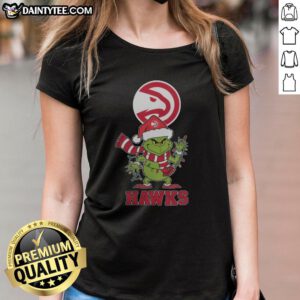 Awesome Atlanta Hawks Christmas Grinch Santa Hat Holiday 2025 ladies tee featuring festive design and team logo.