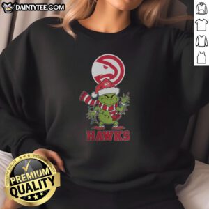 Awesome Atlanta Hawks Christmas Grinch Santa Hat sweatshirt for holiday 2025, perfect for festive basketball fans.