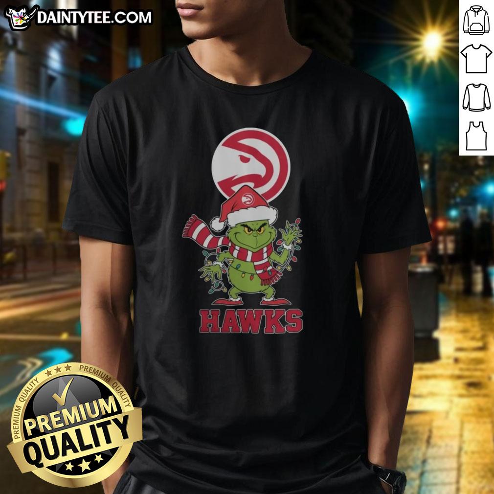 Awesome Atlanta Hawks Christmas Grinch Santa Hat Holiday 2025 T-Shirt featuring festive design and team colors.
