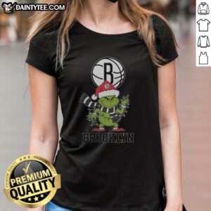 Brooklyn Nets Christmas Grinch Santa Hat holiday ladies tee for 2025, perfect festive apparel for NBA fans.