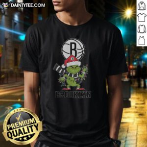 Alt Text: Awesome Brooklyn Nets Christmas Grinch Santa Hat Holiday 2025 T-Shirt featuring festive design and team logo.