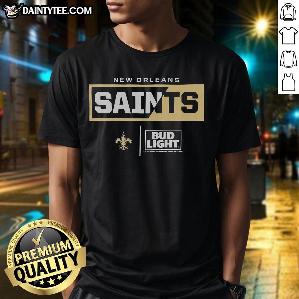 Awesome Bud Light New Orleans Saints team T-shirt featuring vibrant graphics, perfect for game day and fan wear.