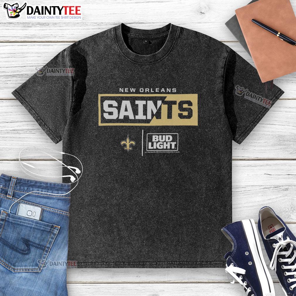 Awesome Bud Light New Orleans Saints team washed t-shirt featuring bold graphics and comfortable fit, perfect for fans.