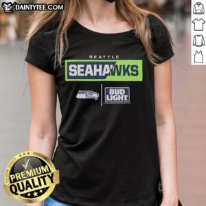Awesome Bud Light Seattle Seahawks team ladies tee in vibrant blue, perfect for game day and showing team spirit.