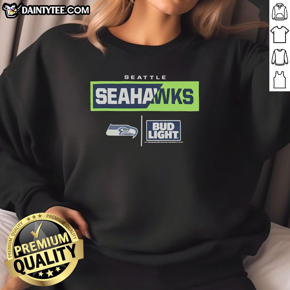 Alt Text: Awesome Bud Light Seattle Seahawks team sweatshirt in vibrant colors, perfect for game day and fan apparel.