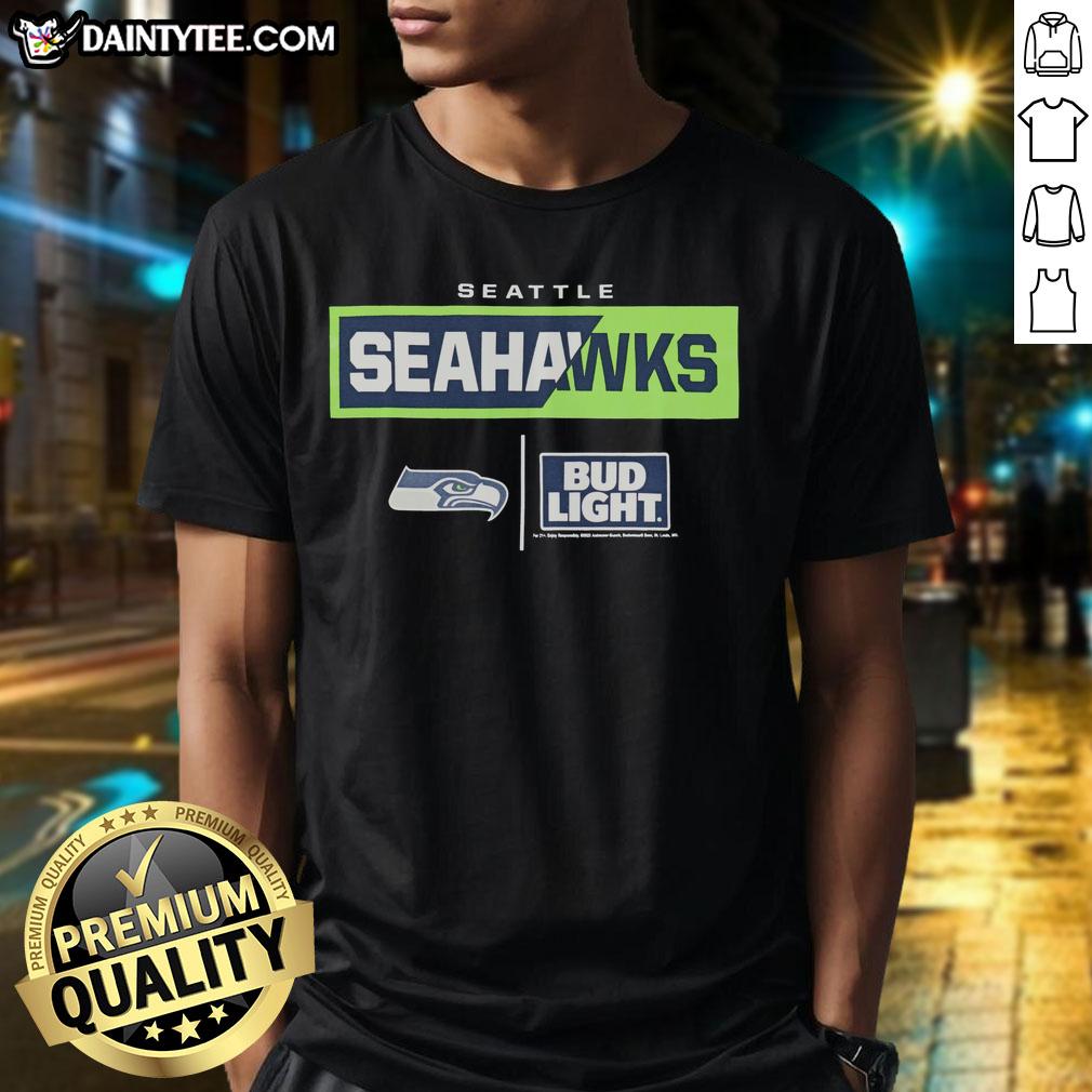 Awesome Bud Light Seattle Seahawks team T-shirt featuring vibrant team colors and logo, perfect for game day wear.