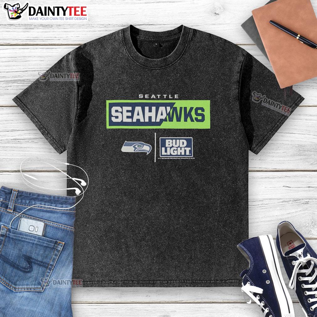 Awesome Bud Light Seattle Seahawks team washed t-shirt featuring vibrant team colors and logo, perfect for game day.