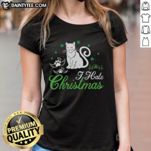Awesome Cat I Hate Christmas Ladies Tee featuring a playful cat graphic, perfect for holiday humor and casual wear.