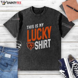 Awesome Chicago Bears 'This Is My Lucky' washed t-shirt displayed on a hanger, showcasing team spirit and style.