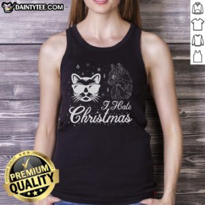 Awesome cool cat in a 'I Hate Christmas' tank top, showcasing a fun and quirky holiday-themed outfit.